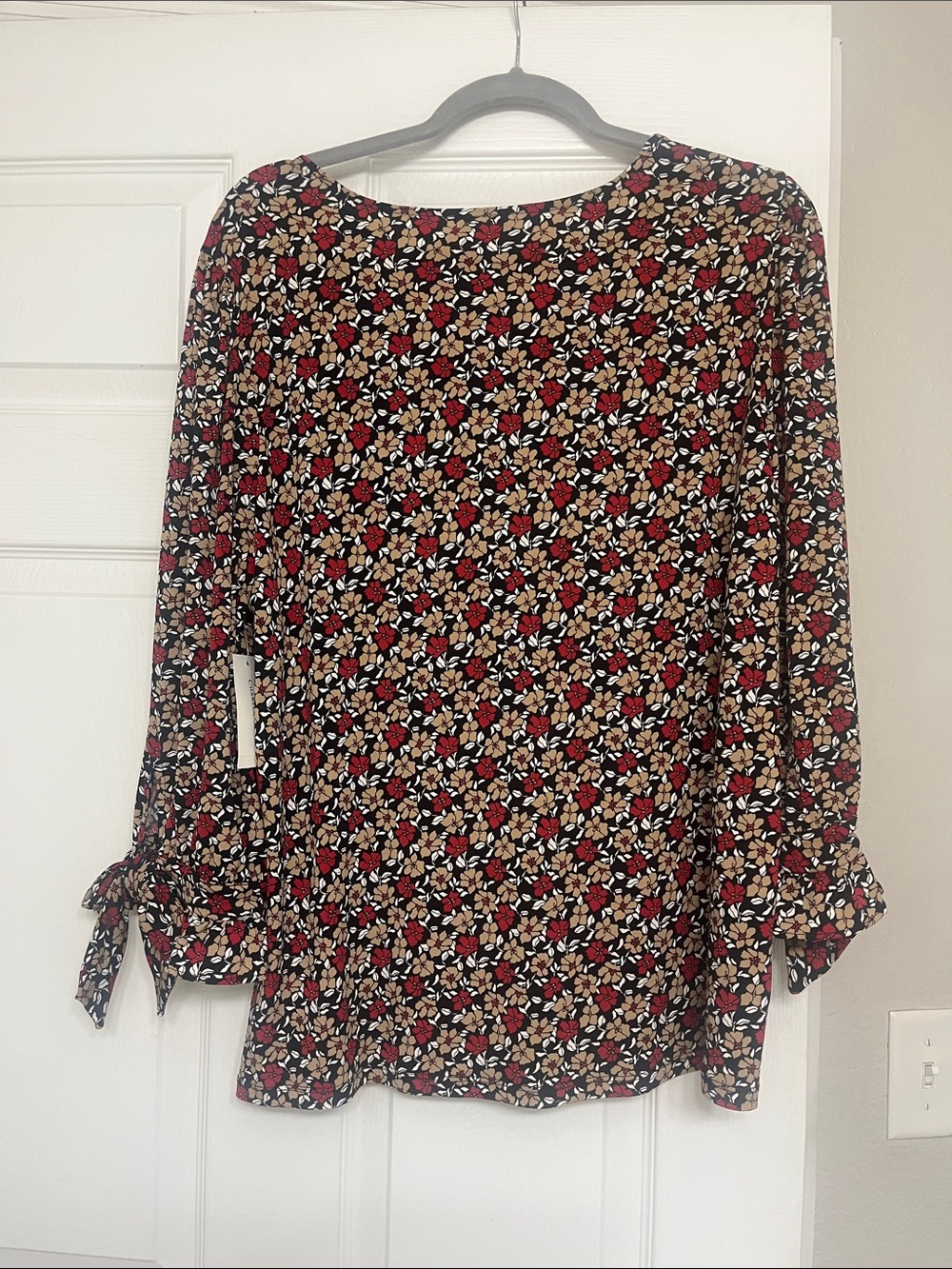 Charter Club Black Floral V-Neck Blouse with Red and Tan Flowers - Picture 2 of 2
